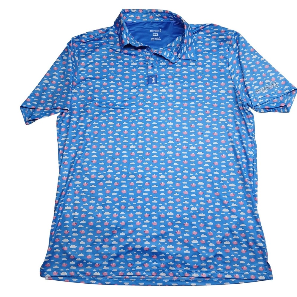 Bogey Bros Mens XXL Blue‎ Flying Pigs Clouds Golf Polo Performance Shirt